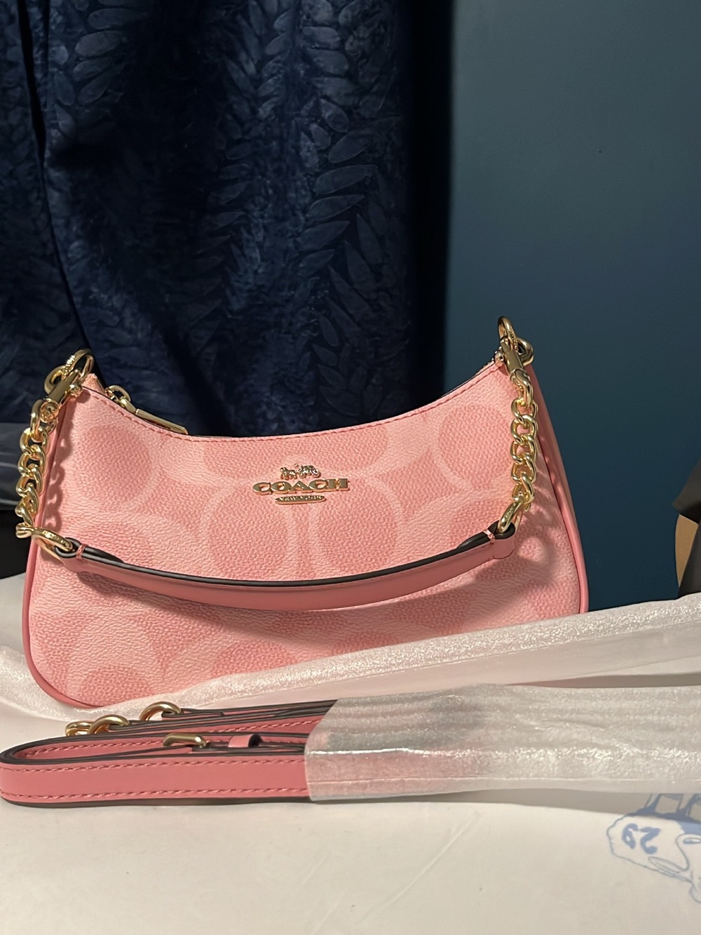 Coach Pink Signature Small Shoulder Bag with Gold Chain